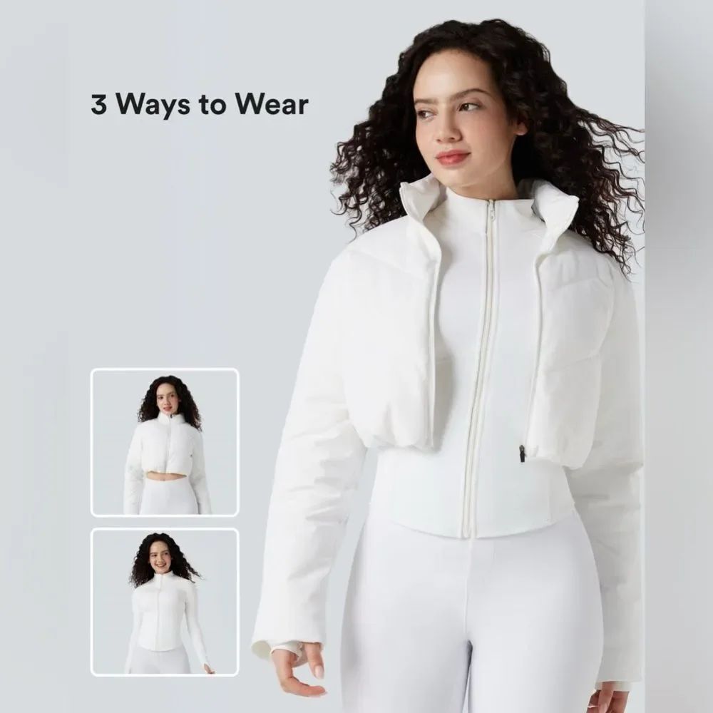NEW! 2-pc Halara 3-in-1 Stand Collar Casual Cropped Puffer Coat & Thumb Holes!